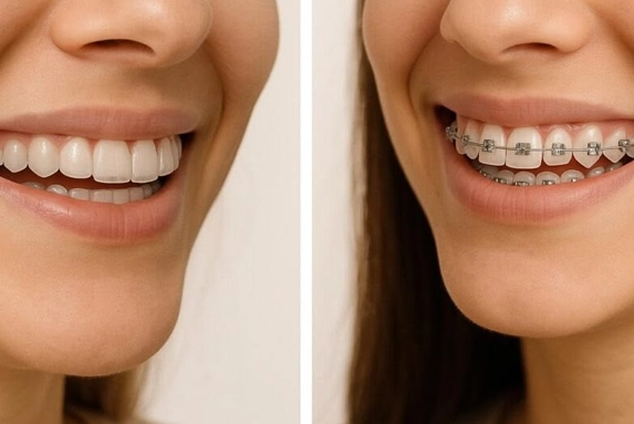 A bright, even smile with a tooth shade guide at Radiant32 Dental Clinic