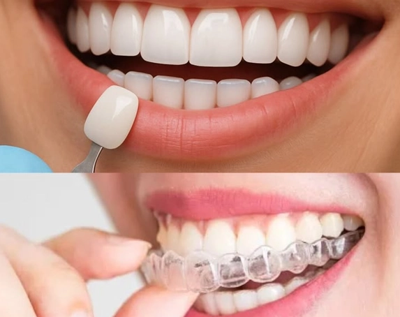 Evenly aligned upper and lower front teeth held in place with retainers
